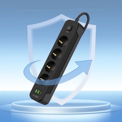 Listwa zasilająca Tech-Protect PCL4X3 4 gniazda 240V + 2xUSB-A + 1xUSB-C 200 cm - czarna Listwa zasilająca Tech-Protect PCL4X3 4 gniazda 240V + 2xUSB-A + 1xUSB-C 200 cm - czarna