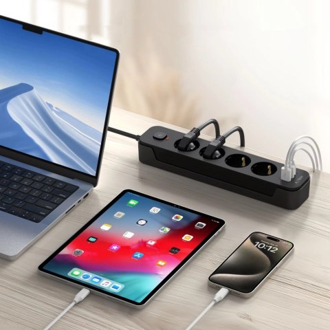 Listwa zasilająca Tech-Protect PCL4X3 4 gniazda 240V + 2xUSB-A + 1xUSB-C 200 cm - czarna Listwa zasilająca Tech-Protect PCL4X3 4 gniazda 240V + 2xUSB-A + 1xUSB-C 200 cm - czarna