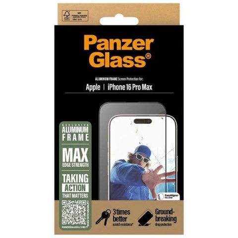 Szkło hartowane PanzerGlass Screen Protector Aluminum Frame Ultra-Wide Fit z aluminiową ramką na iPhone 16 Pro Max Szkło hartowane PanzerGlass Screen Protector Aluminum Frame Ultra-Wide Fit z aluminiową ramką na iPhone 16 Pro Max