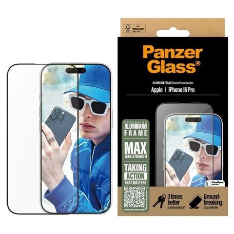 Szkło hartowane PanzerGlass Screen Protector Aluminum Frame Ultra-Wide Fit z aluminiową ramką na iPhone 16 Pro Szkło hartowane PanzerGlass Screen Protector Aluminum Frame Ultra-Wide Fit z aluminiową ramką na iPhone 16 Pro