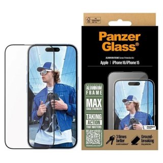 Szkło hartowane PanzerGlass Screen Protector Aluminum Frame Ultra-Wide Fit z aluminiową ramką na iPhone 16