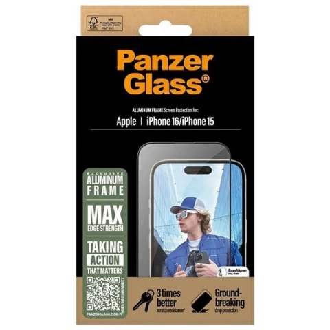 Szkło hartowane PanzerGlass Screen Protector Aluminum Frame Ultra-Wide Fit z aluminiową ramką na iPhone 16 Szkło hartowane PanzerGlass Screen Protector Aluminum Frame Ultra-Wide Fit z aluminiową ramką na iPhone 16