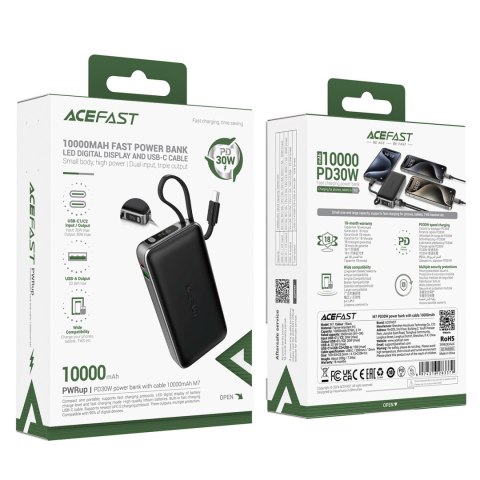 Powerbank Acefast M7-10000 PD30W z wbudowanym kablem - czarny Powerbank Acefast M7-10000 PD30W z wbudowanym kablem - czarny