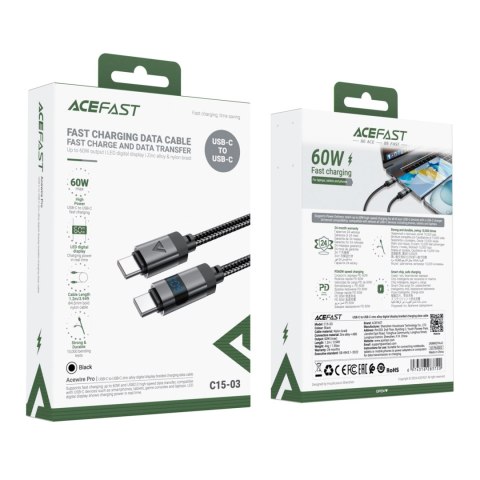 Kabel Acefast C15-04 USB-C - USB-C z wyświetlaczem 480Mb/s 66W 1.2m - czarny