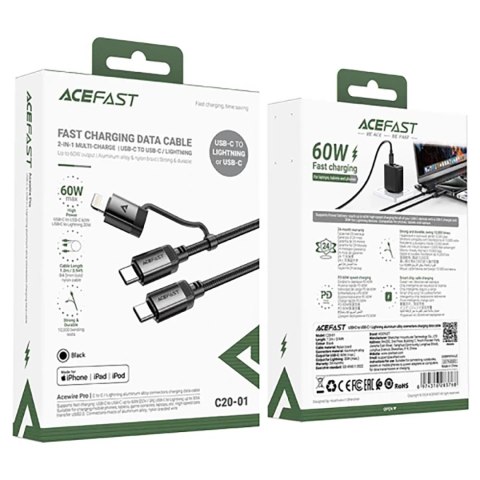 Kabel Acefast C20-01 USB-C - USB-C/Lightning 60W/30W 480Mb/s 3A 1.2m - czarny Kabel Acefast C20-01 USB-C - USB-C/Lightning 60W/30W 480Mb/s 3A 1.2m - czarny