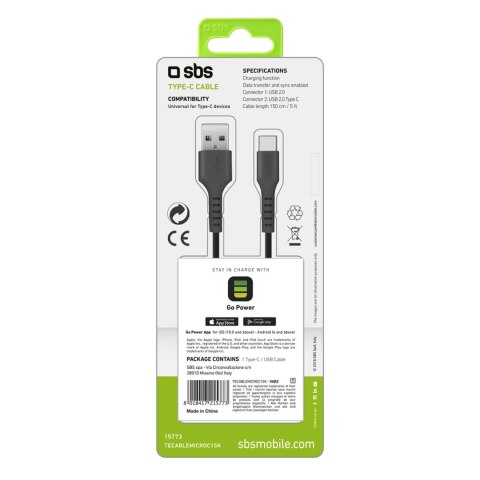 Kabel SBS TECABLEMICROC15K USB-A - USB-C 1,5m - czarny Kabel SBS TECABLEMICROC15K USB-A - USB-C 1,5m - czarny