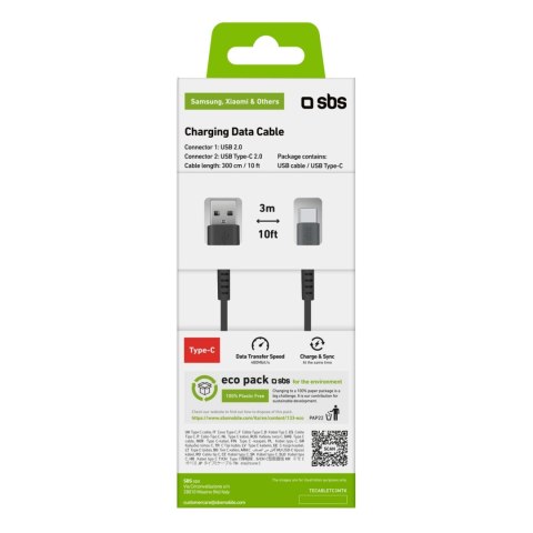 Kabel SBS TECABLETC3MTK USB-A - USB-C 3m - czarny Kabel SBS TECABLETC3MTK USB-A - USB-C 3m - czarny