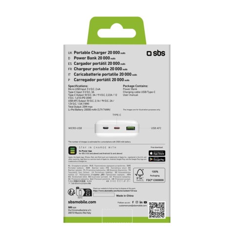 Powerbank SBS TTBB20000PD20W 20000 mAh 20W Power Delivery z MicroUSB, USB-C, USB-A - biały Powerbank SBS TTBB20000PD20W 20000 mAh 20W Power Delivery z MicroUSB, USB-C, USB-A - biały