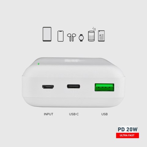 Powerbank SBS TTBB20000PD20W 20000 mAh 20W Power Delivery z MicroUSB, USB-C, USB-A - biały Powerbank SBS TTBB20000PD20W 20000 mAh 20W Power Delivery z MicroUSB, USB-C, USB-A - biały
