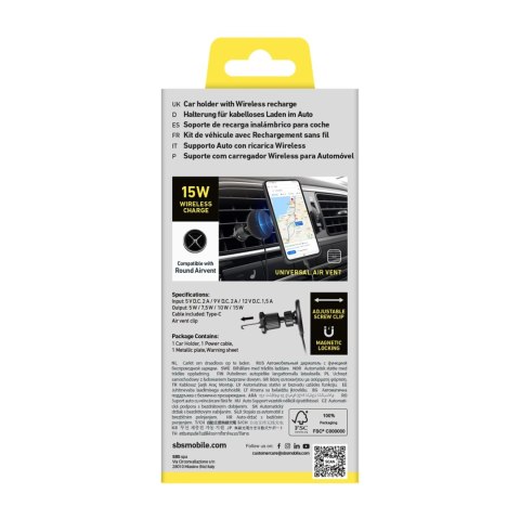 Uchwyt na smartfona z ładowarką infukcyjną SBS TESUPPMAG15WVENT kompatybilny z MagSafe - czarny Uchwyt na smartfona z ładowarką infukcyjną SBS TESUPPMAG15WVENT kompatybilny z MagSafe - czarny