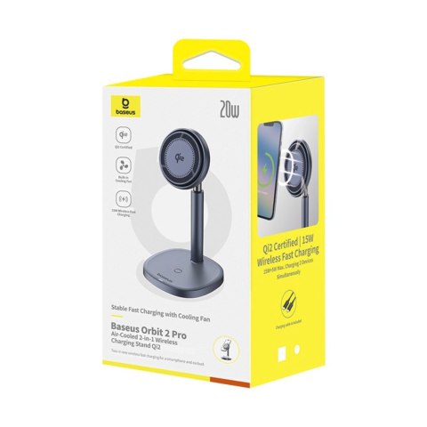 Ładowarka indukcyjna Baseus Orbit 2 Pro MagSafe Qi2 20W 2 w 1 z chłodzeniem - szara Ładowarka indukcyjna Baseus Orbit 2 Pro MagSafe Qi2 20W 2 w 1 z chłodzeniem - szara