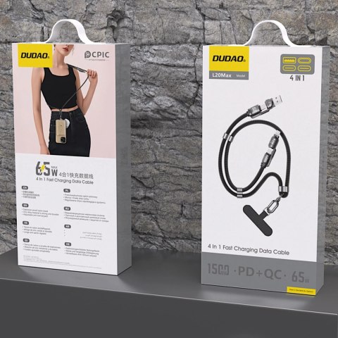 Kabel 4w1 / smycz Dudao L20MAX USB-A / USB-C / Lightning PD QC 65W 1.5m - czarny Kabel 4w1 / smycz Dudao L20MAX USB-A / USB-C / Lightning PD QC 65W 1.5m - czarny