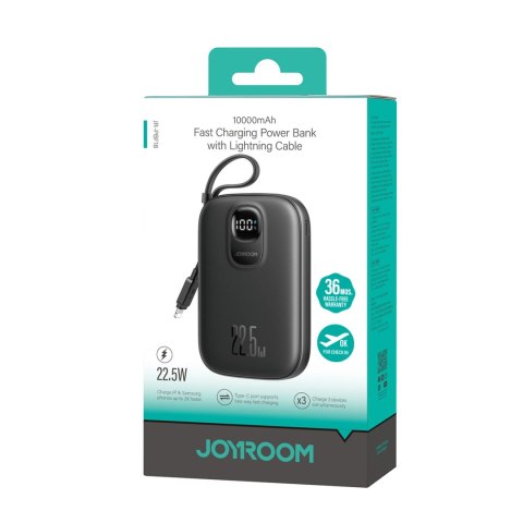 Powerbank Joyroom JR-PBF18 22.5W 10000mAh z wbudowanym kablem Lightning + kabel USB-C 0.25 cm - czarny Powerbank Joyroom JR-PBF18 22.5W 10000mAh z wbudowanym kablem Lightning + kabel USB-C 0.25 cm - czarny