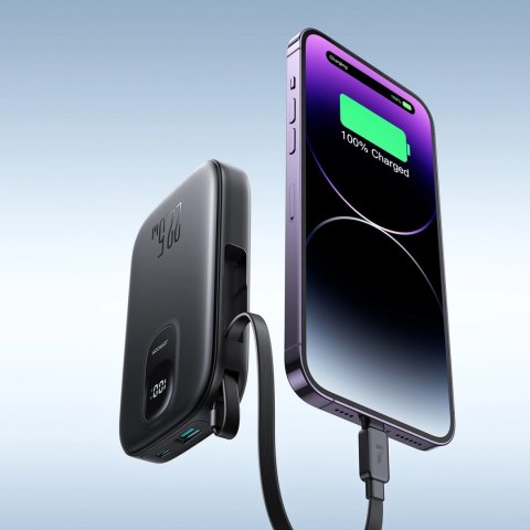 Powerbank Joyroom JR-PBF18 22.5W 10000mAh z wbudowanym kablem Lightning + kabel USB-C 0.25 cm - czarny Powerbank Joyroom JR-PBF18 22.5W 10000mAh z wbudowanym kablem Lightning + kabel USB-C 0.25 cm - czarny