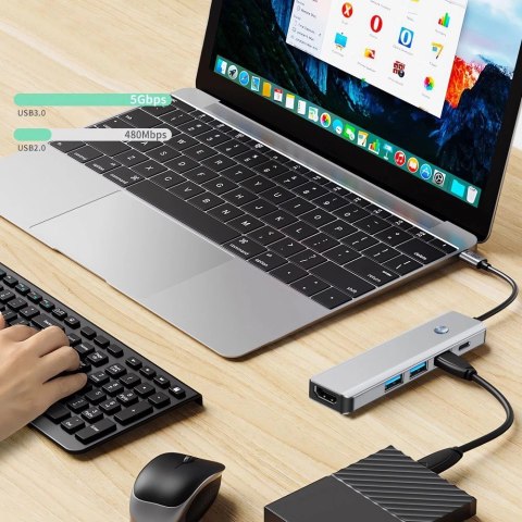 Adapter Tech-Protect HB01 HUB Adapter 5w1 USB-C + USB3.0 + HDMI 4K 60Hz + PD100W - szary