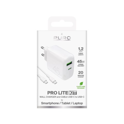 Ładowarka Puro Daily Prolite 45W USB-C USB-A Power Delivery z kablem USB-C - biała Ładowarka Puro Daily Prolite 45W USB-C USB-A Power Delivery z kablem USB-C - biała