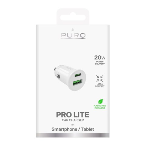 Ładowarka samochodowa Puro Pro Lite 1x USB-A + 1x USB-C Power Delivery 20W - biała Ładowarka samochodowa Puro Pro Lite 1x USB-A + 1x USB-C Power Delivery 20W - biała