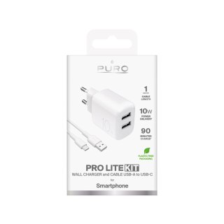 Ładowarka sieciowa Puro PROLITE 10W 2x USB-A + kabel USB-A - USB-C 1.2m - biała