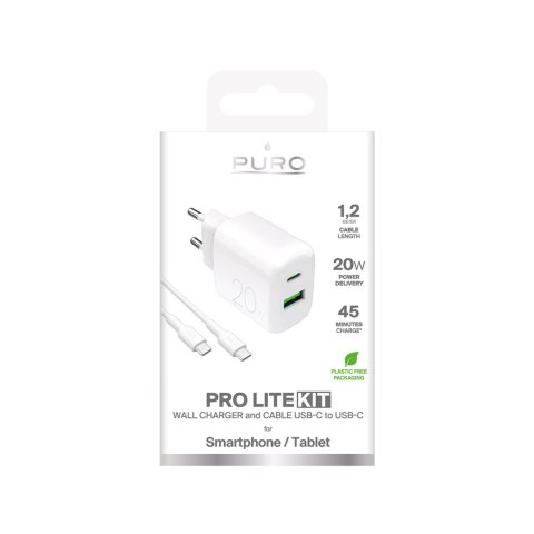 Ładowarka sieciowa Puro PROLITE 20W USB-A / USB-C + kabel USB-C - USB-C 1.2m - biała Ładowarka sieciowa Puro PROLITE 20W USB-A / USB-C + kabel USB-C - USB-C 1.2m - biała