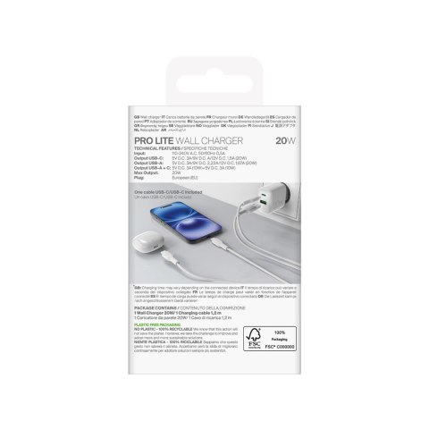 Ładowarka sieciowa Puro PROLITE 20W USB-A / USB-C + kabel USB-C - USB-C 1.2m - biała Ładowarka sieciowa Puro PROLITE 20W USB-A / USB-C + kabel USB-C - USB-C 1.2m - biała