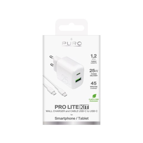 Ładowarka sieciowa Puro PROLITE 25W USB-A / USB-C + kabel USB-C - USB-C 1.2m - biała Ładowarka sieciowa Puro PROLITE 25W USB-A / USB-C + kabel USB-C - USB-C 1.2m - biała