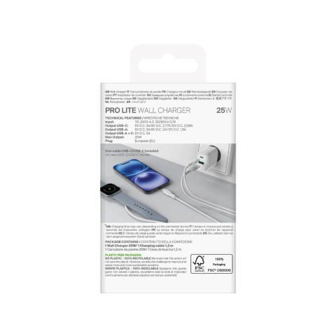 Ładowarka sieciowa Puro PROLITE 25W USB-A / USB-C + kabel USB-C - USB-C 1.2m - biała Ładowarka sieciowa Puro PROLITE 25W USB-A / USB-C + kabel USB-C - USB-C 1.2m - biała