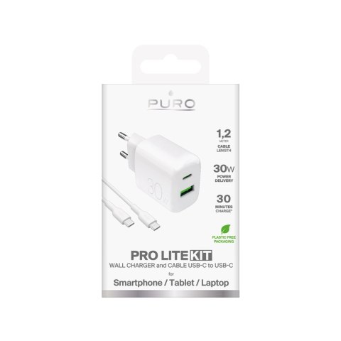 Ładowarka sieciowa Puro PROLITE 30W USB-A / USB-C + kabel USB-C - USB-C 1.2m - biała Ładowarka sieciowa Puro PROLITE 30W USB-A / USB-C + kabel USB-C - USB-C 1.2m - biała