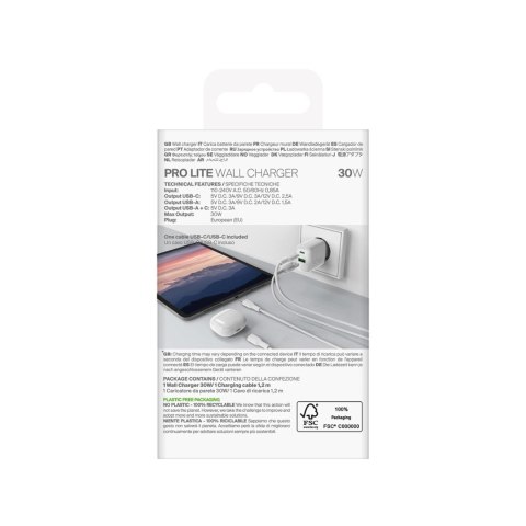 Ładowarka sieciowa Puro PROLITE 30W USB-A / USB-C + kabel USB-C - USB-C 1.2m - biała Ładowarka sieciowa Puro PROLITE 30W USB-A / USB-C + kabel USB-C - USB-C 1.2m - biała