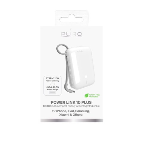 Powerbank Puro Power Link 10 Plus 10000 mAh z wbudowanym kablem USB-C - biały Powerbank Puro Power Link 10 Plus 10000 mAh z wbudowanym kablem USB-C - biały