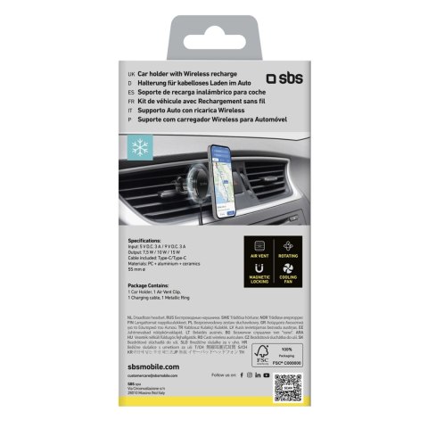 Uchwyt na smartfona z ładowarką indukcyjną SBS TESUPFANWIR15W 15W na kratkę nawiewu, z chłodzeniem - czarna