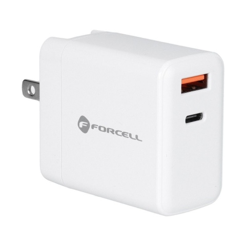 Ładowarka sieciowa do telefonu Forcell F-Energy 3w1 USB C + USB A QC4.0 PD 3A 45W z trzema wymiennymi wtyczkami (EU / UK / US) T