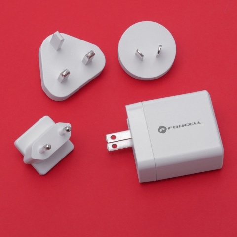 Ładowarka sieciowa do telefonu Forcell F-Energy 3w1 USB C + USB A QC4.0 PD 3A 45W z trzema wymiennymi wtyczkami (EU / UK / US) T