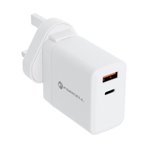 Ładowarka sieciowa do telefonu Forcell F-Energy 3w1 USB C + USB A QC4.0 PD 3A 45W z trzema wymiennymi wtyczkami (EU / UK / US) T