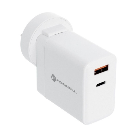Ładowarka sieciowa do telefonu Forcell F-Energy 3w1 USB C + USB A QC4.0 PD 3A 45W z trzema wymiennymi wtyczkami (EU / UK / US) T