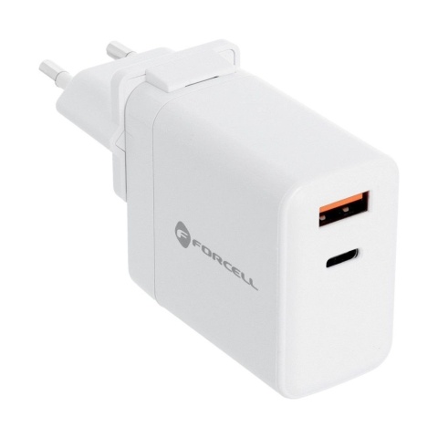 Ładowarka sieciowa do telefonu Forcell F-Energy 3w1 USB C + USB A QC4.0 PD 3A 45W z trzema wymiennymi wtyczkami (EU / UK / US) T